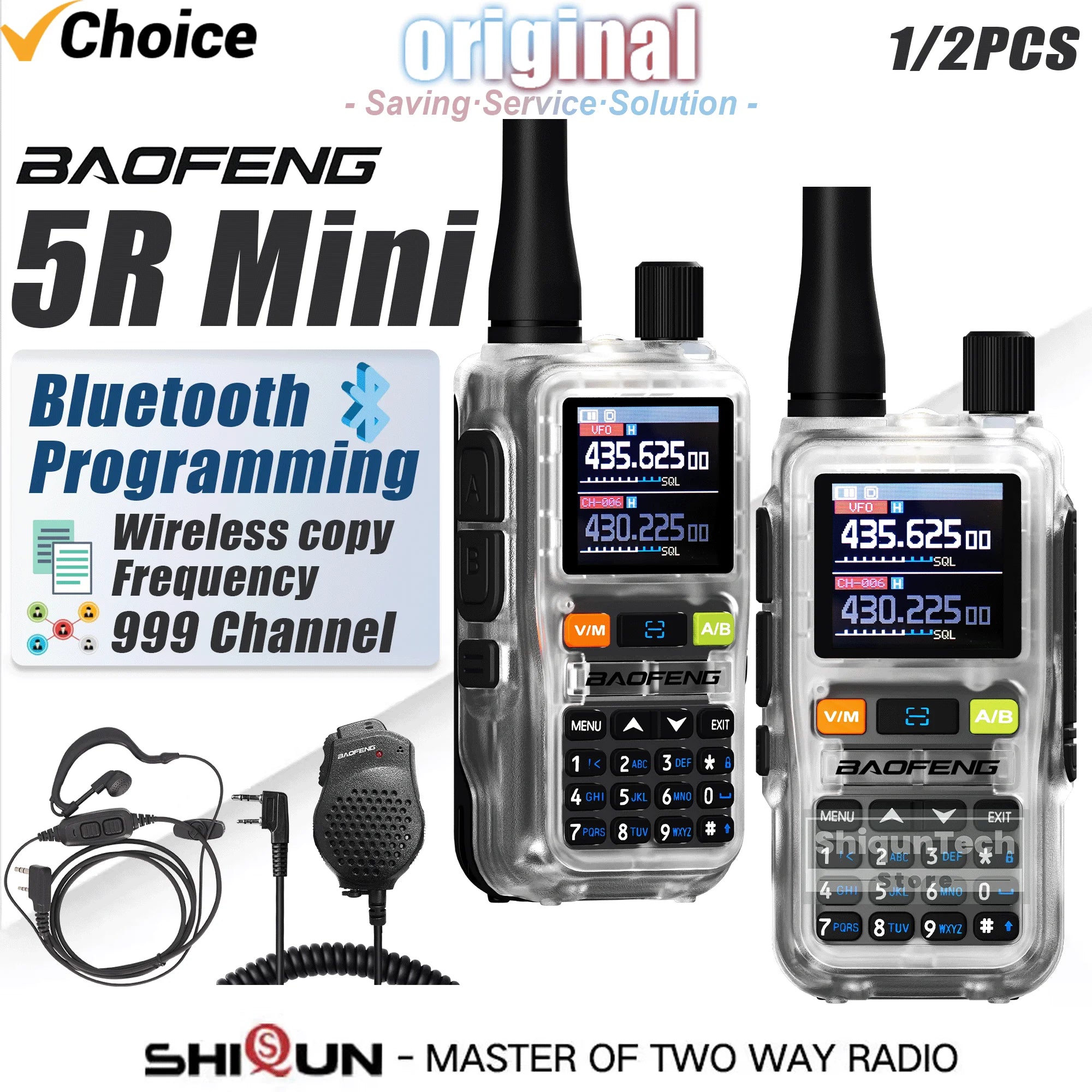 Baofeng UV-5R Mini Walkie Talkie - Air Band UHF/VHF, Bluetooth & Type-C