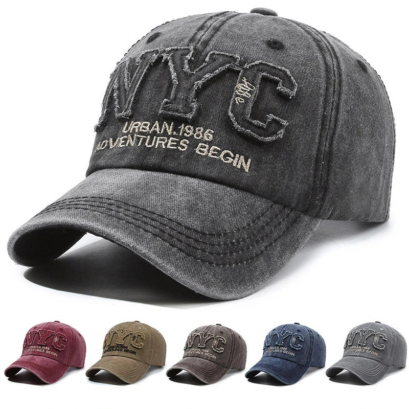 Vintage NYC Letter Baseball Cap - Washed Cotton Snapback Hat for Men & Women