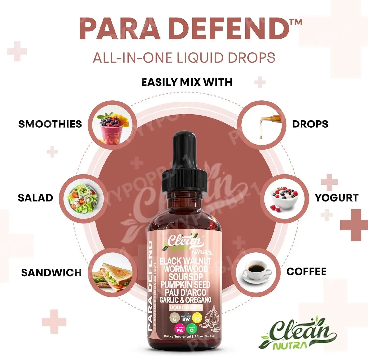 Para Defend Wormwood Black Walnut Cleanse for Humans Drops Liquid Soursop Garlic Pumpkin Seed PAU D'Arco Oil of Oregano Turmeric