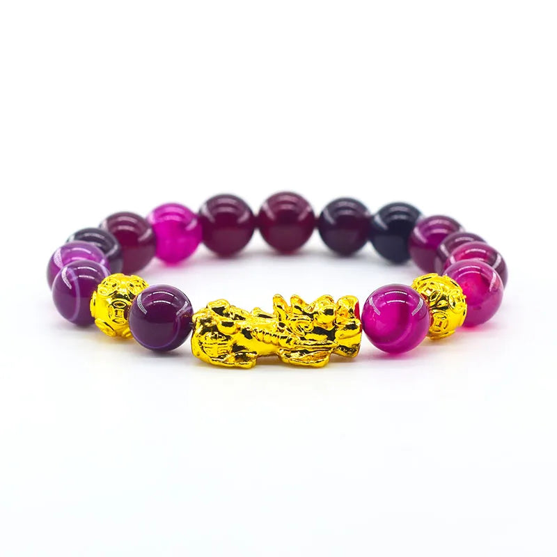 Pixiu Bracelet Feng Shui Wealth and Good Luck Bracelet Homme Wristband Gold Color Obisidian Stone Beads Black Six Character Gift