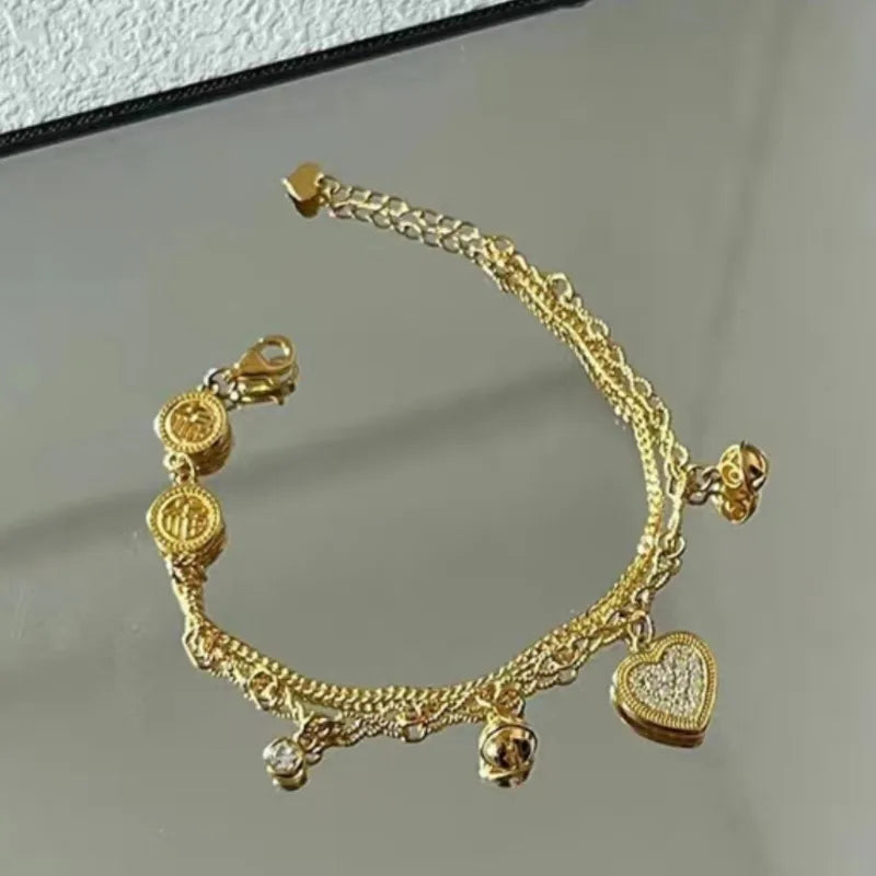 Gold Love Heart Zircon Bracelet - Double Layer Valentine's Day Jewelry