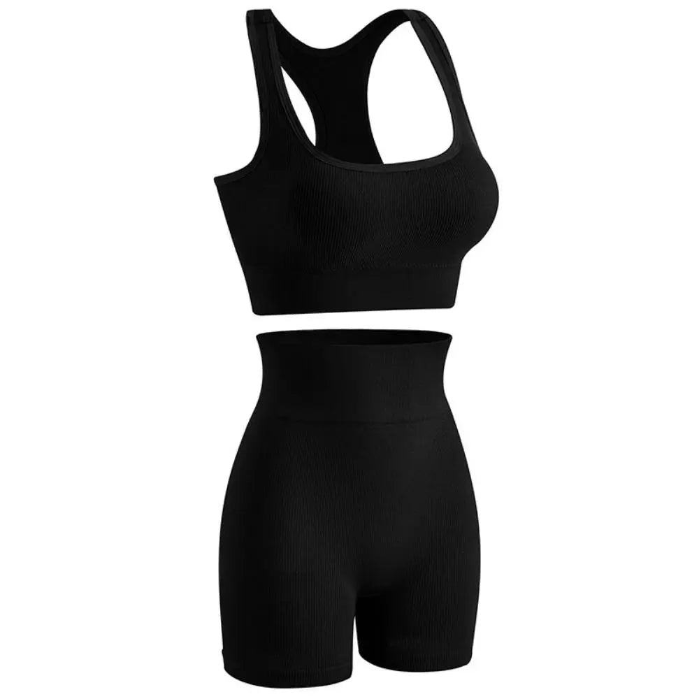 Women's 2-Piece Breathable Ribbed Workout Set - Sports Bra & High Waist Shorts (Summer Active Set)