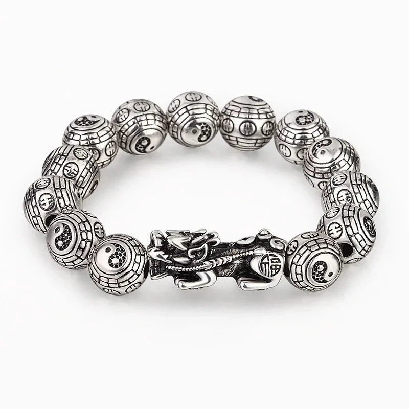 Feng Shui Taiji Bagua Pixiu Bracelet - Thai Silver Beads Wristband for Wealth & Good Luck