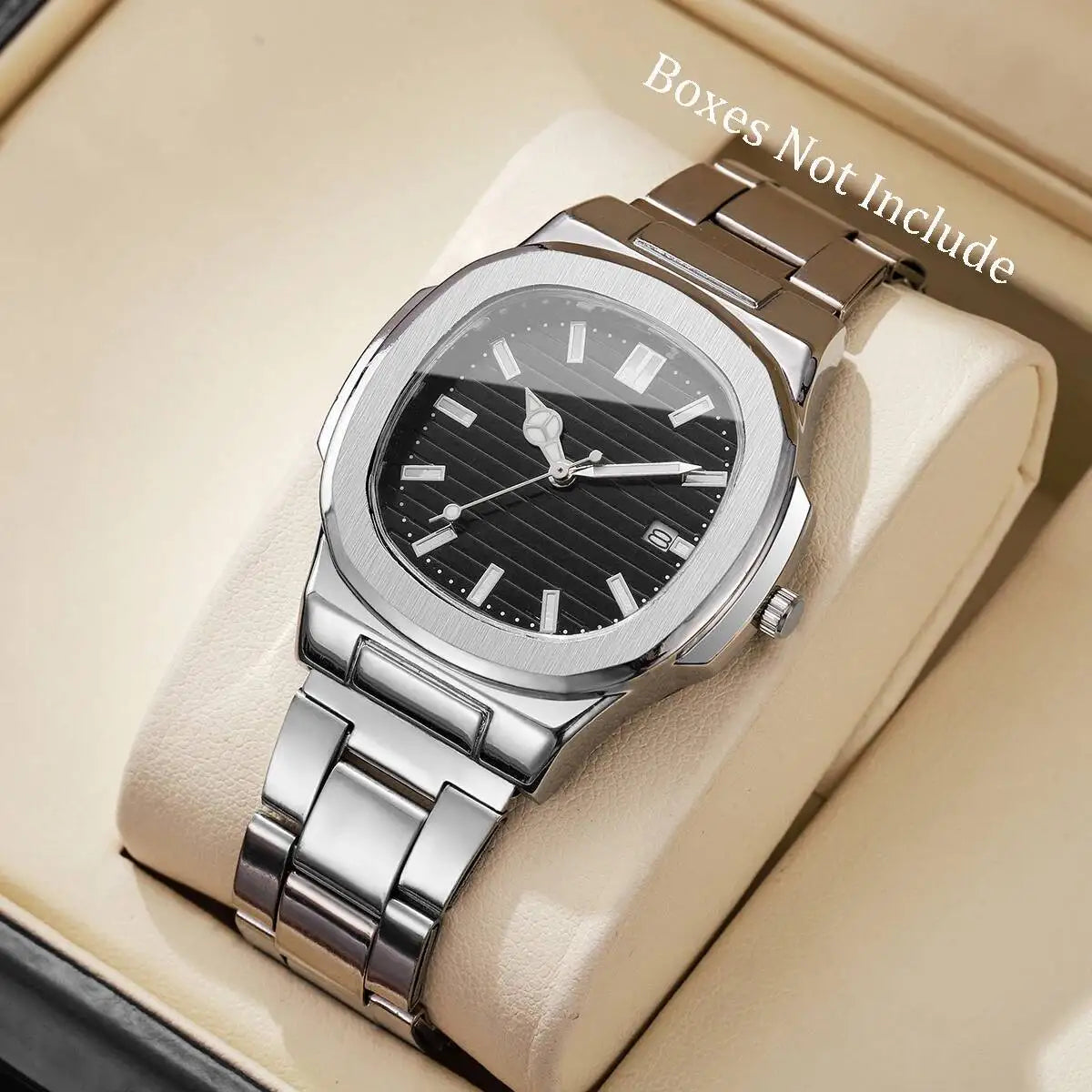 Luxury Men's Square Dial Quartz Watch – Stainless Steel Business Watch with Calendar