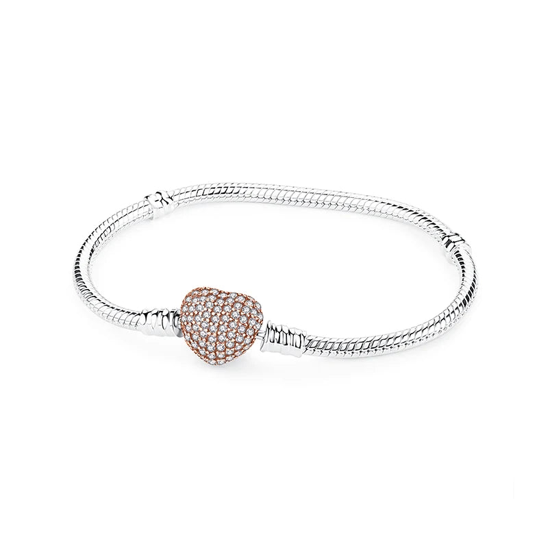 925 Sterling Silver Snake Chain Bracelet with Heart Charm Beads