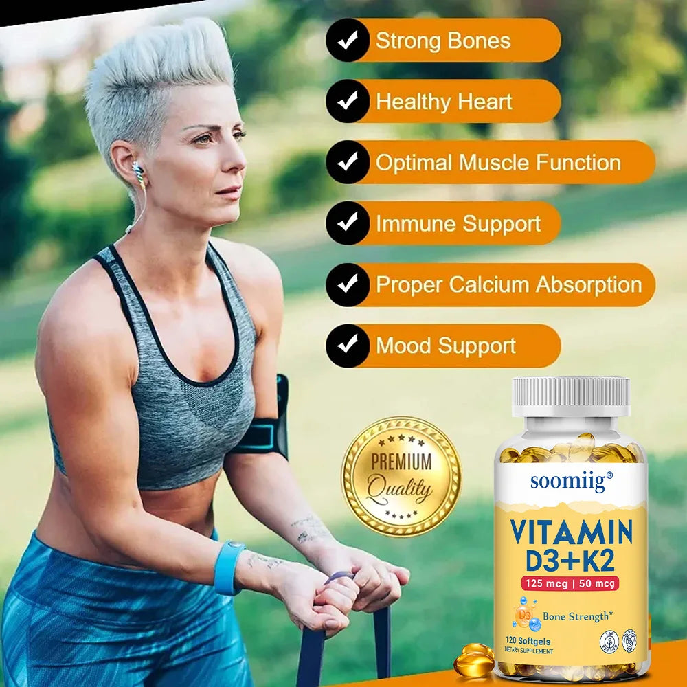 Vitamin D3 K2 Supplement - 5000 IU D3 + 50mcg K2 for Bone Health & Immune Support (120 Capsules)