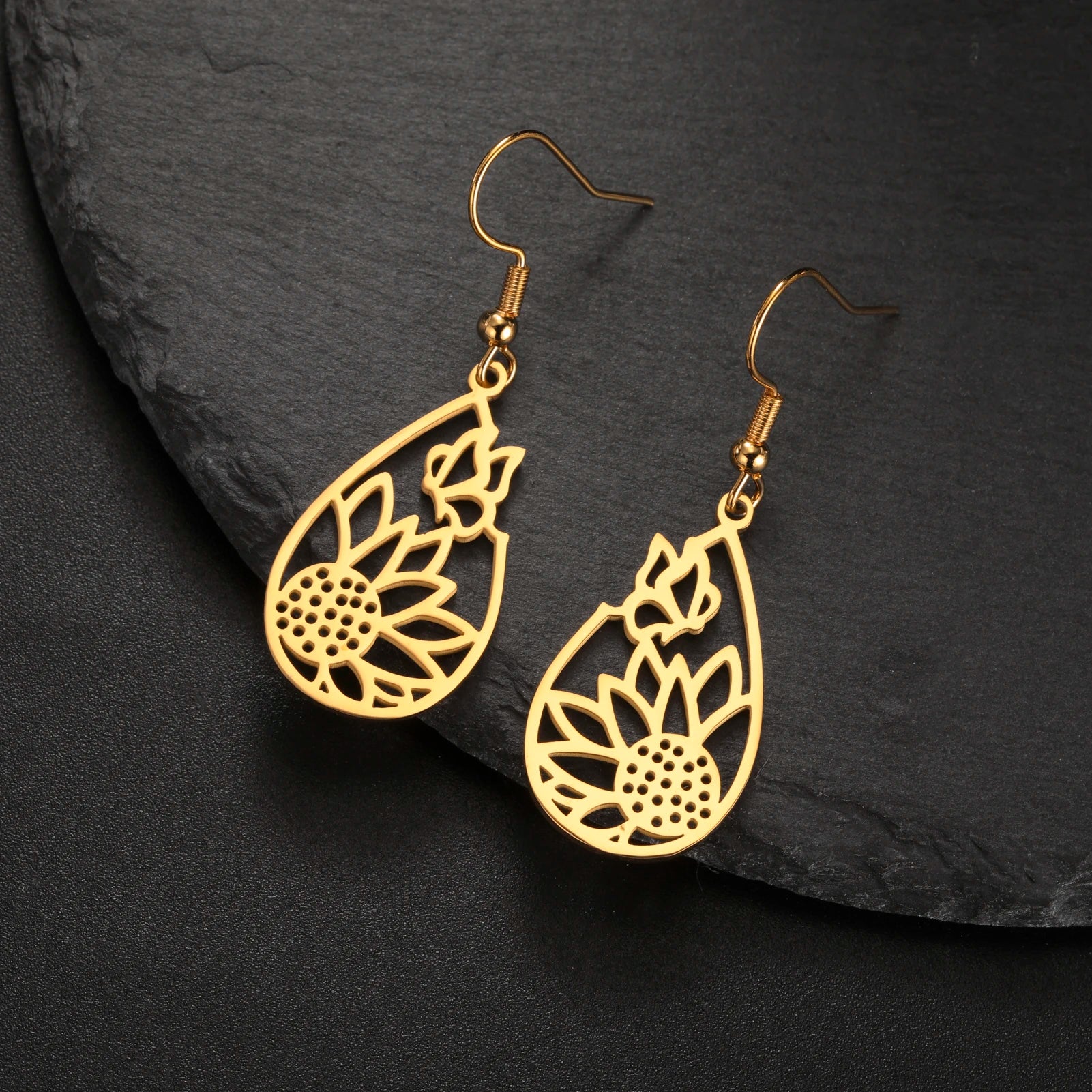 Skyrim Sunflower Butterfly Teardrop Pendant Earring Women Girls Stainless Steel Gold Color Earrings Jewelry Valentine's Day Gift