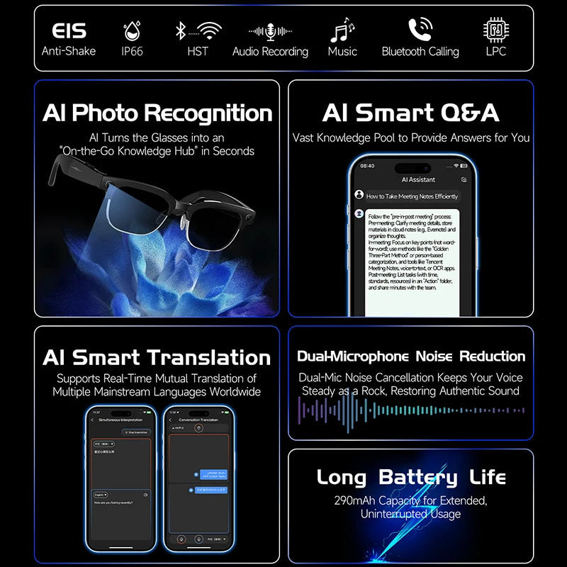 Smart AI Translation Glasses - 4K Camera, Bluetooth Music, Object Recognition & Voice Recording