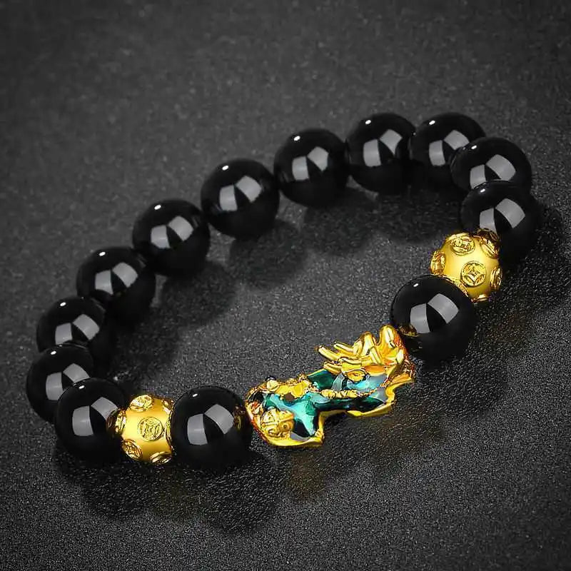 Feng Shui Wealth Pixiu Bracelet Men Women Black Obsidian Beads Chakra Meditation Yoga Bracelet Change Color Pi Xiu Jewelry Gift