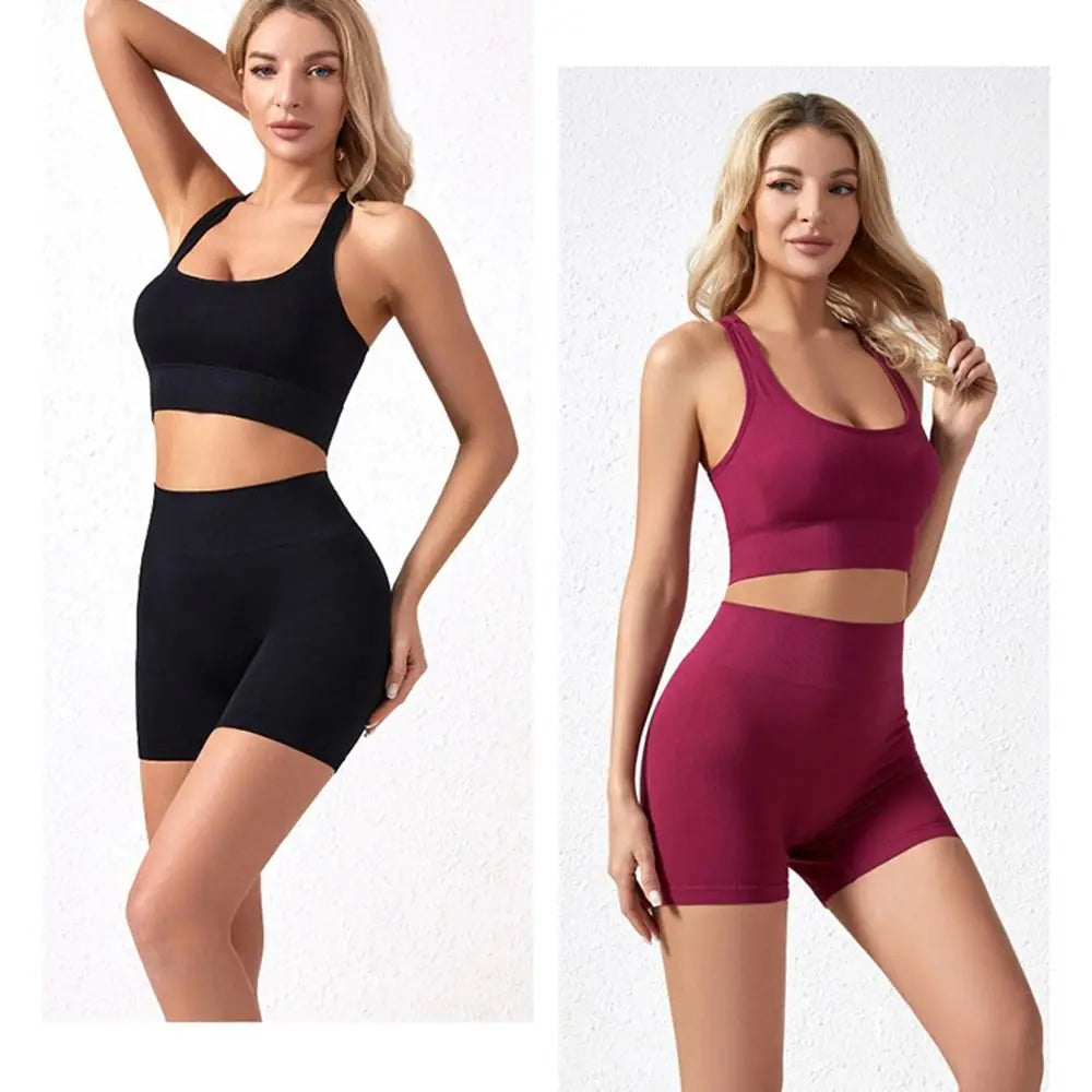 Women's 2-Piece Breathable Ribbed Workout Set - Sports Bra & High Waist Shorts (Summer Active Set)