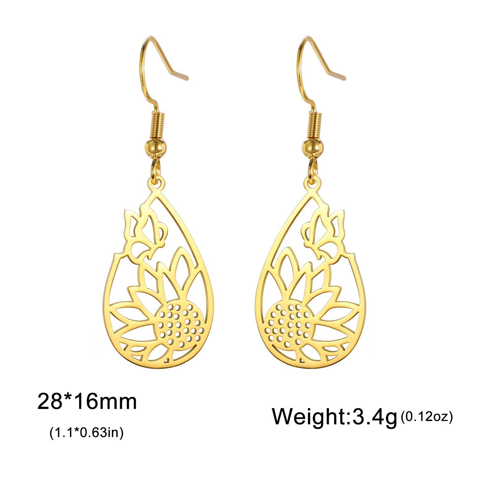 Skyrim Sunflower Butterfly Teardrop Pendant Earring Women Girls Stainless Steel Gold Color Earrings Jewelry Valentine's Day Gift