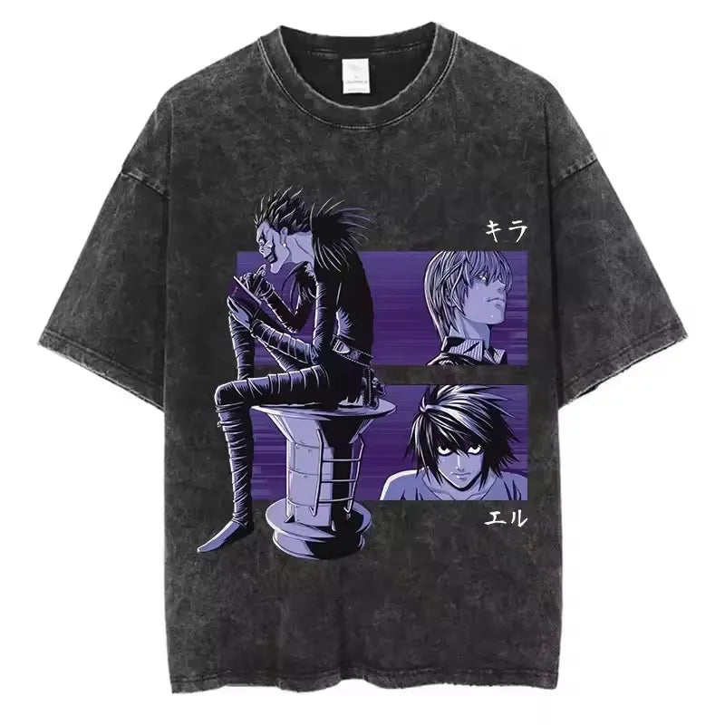 Death Note Anime Washed Y2K T-Shirt – Short Sleeve Round Neck Mens Tee