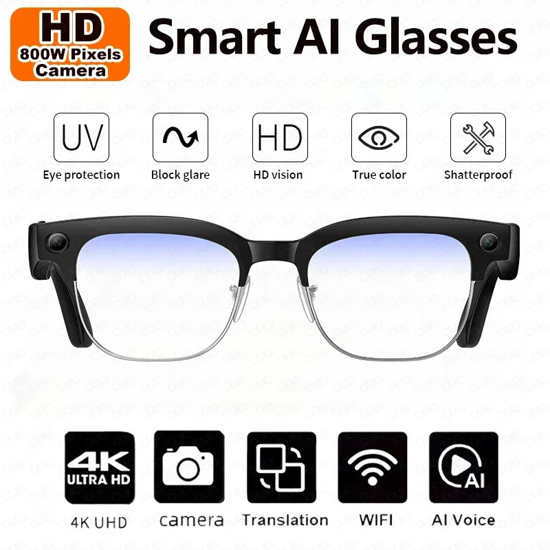 Smart AI Translation Glasses - 4K Camera, Bluetooth Music, Object Recognition & Voice Recording