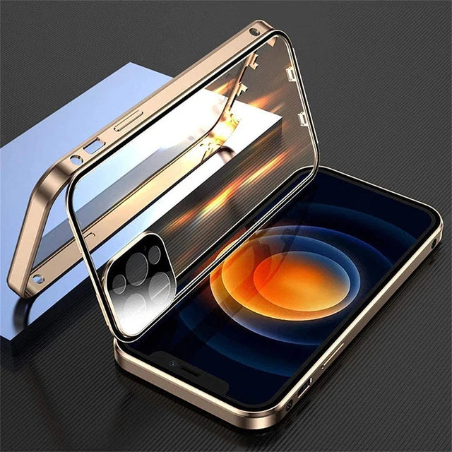 360° Metal Magnetic Glass Phone Case – Snap Lock Bumper for iPhone 16/15/14/13/12 Pro Max