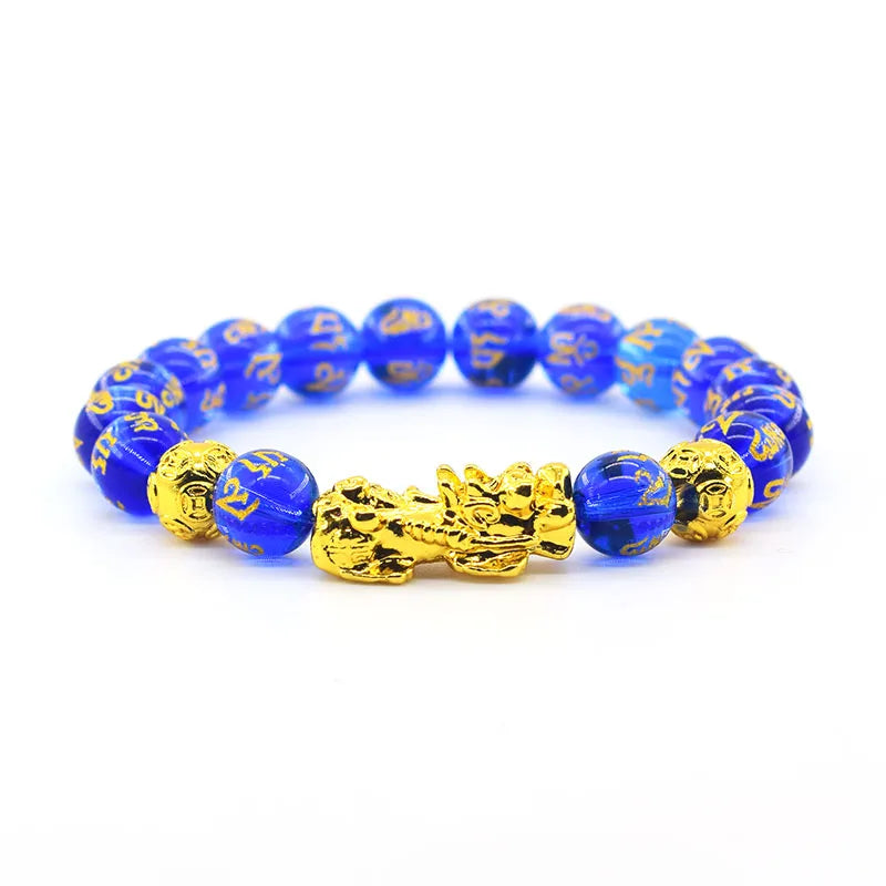 Pixiu Bracelet Feng Shui Wealth and Good Luck Bracelet Homme Wristband Gold Color Obisidian Stone Beads Black Six Character Gift