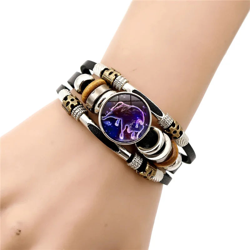 Zodiac Constellation Bracelet – 12 Signs Leather Snap Button Bracelet for Men & Women