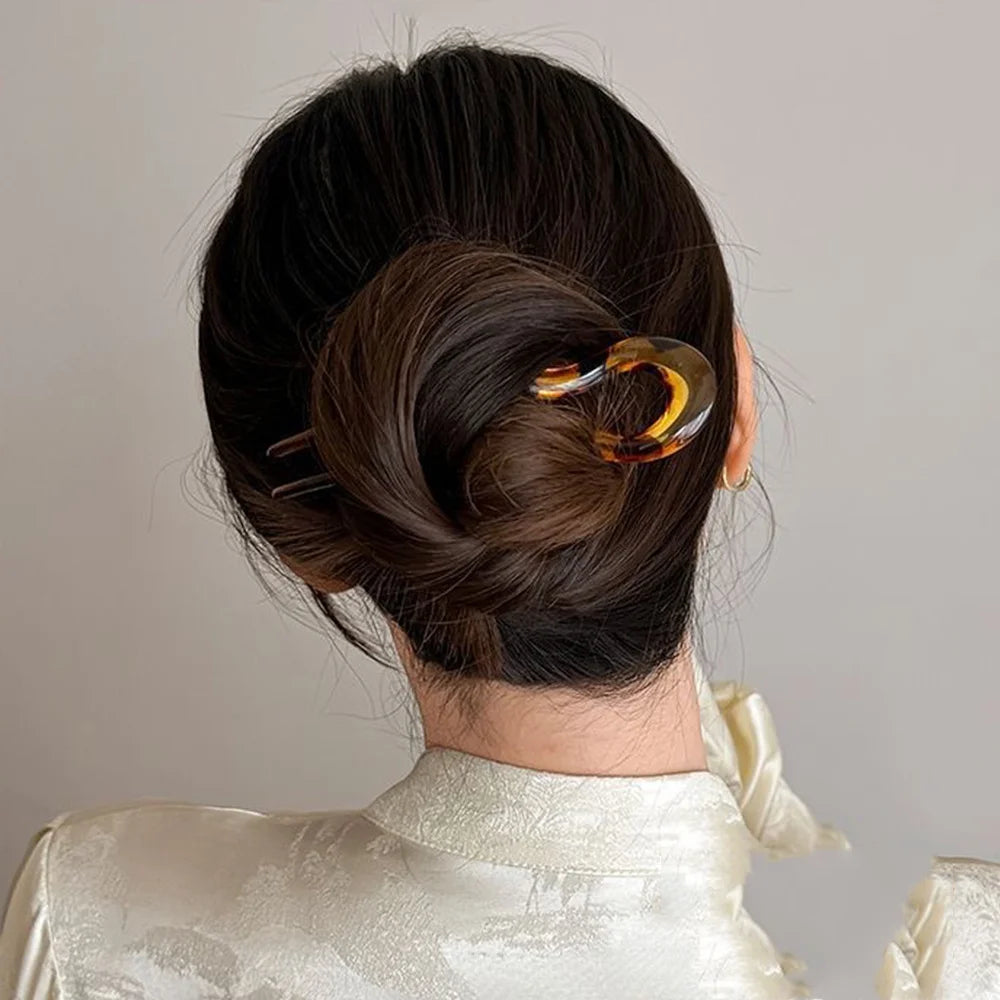 U-Shaped Hair Fork – Tortoiseshell Acrylic Hairpin for Women | All Seasons