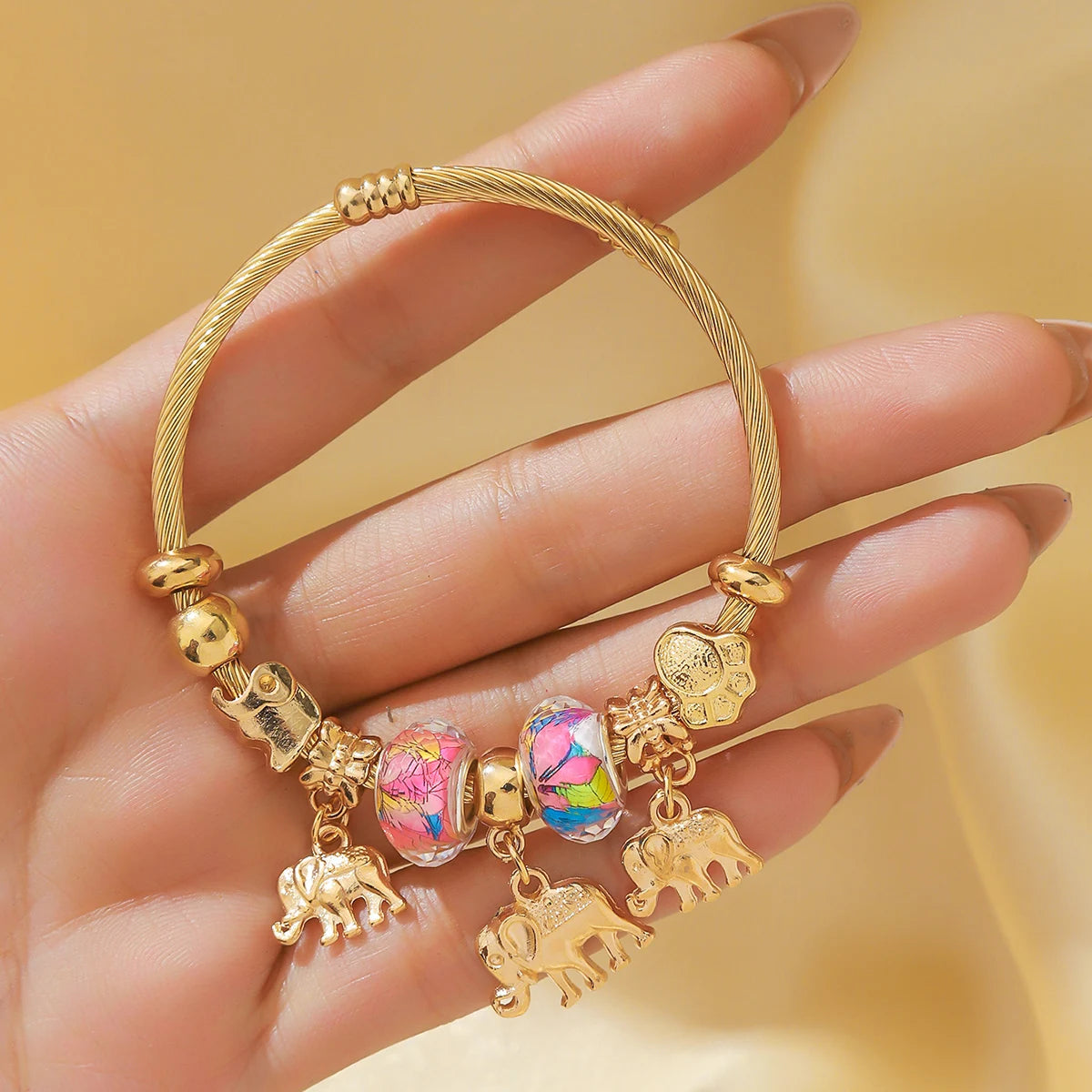 Elephant & Tree of Life Charm Bracelet - Multi-Charm Cuff Bracelet