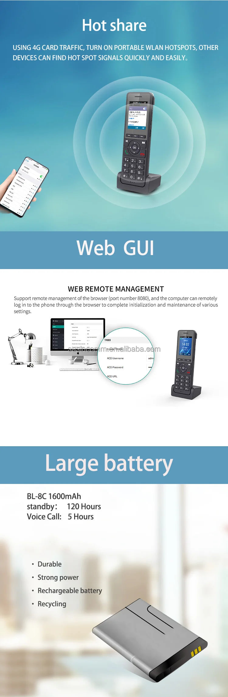 4G LTE WiFi VoIP Desktop Phone - Cordless SIP Phone with 2.4" Screen & 3-Way Conference