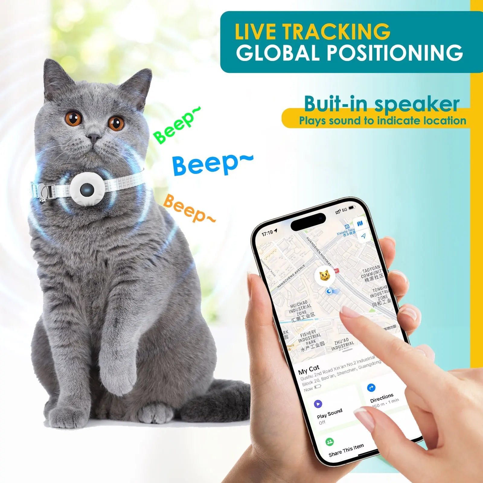 GPS Tracker for Cats – Waterproof Pet Tracker Collar with Elastic Buckle (iOS Only)