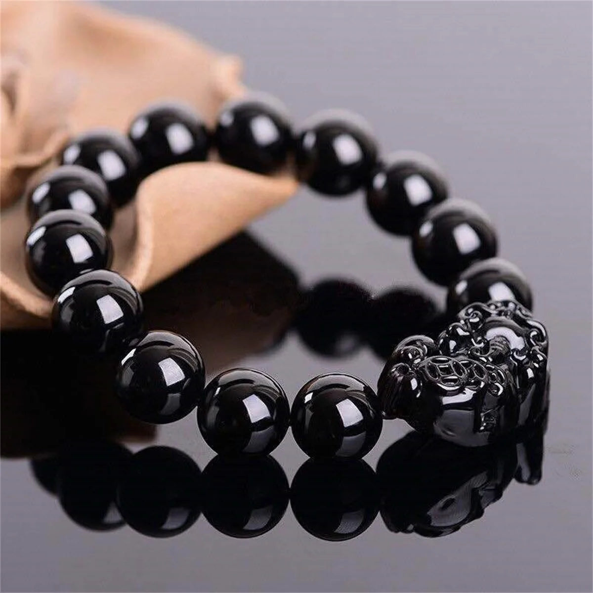 Feng Shui Pixiu Wealth Bracelet - Black Obsidian Crystal Beads for Men & Women