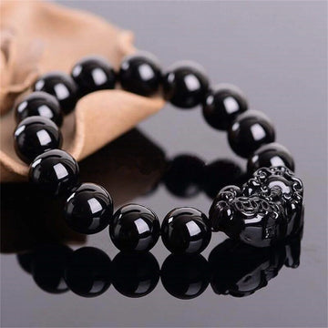 Feng Shui Pixiu Wealth Bracelet - Black Obsidian Crystal Beads for Men & Women