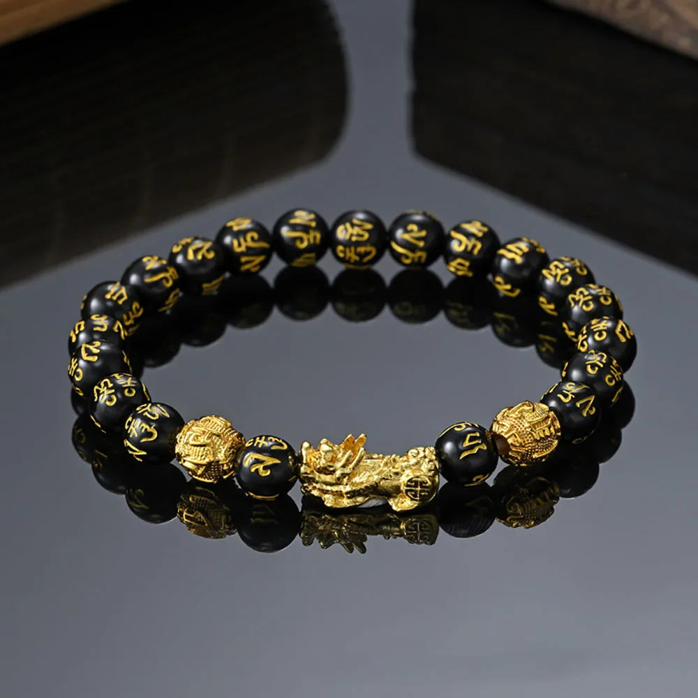 Feng Shui Black Obsidian Pixiu Wealth Bracelet - Prosperity Buddha Beads Elastic Bracelet