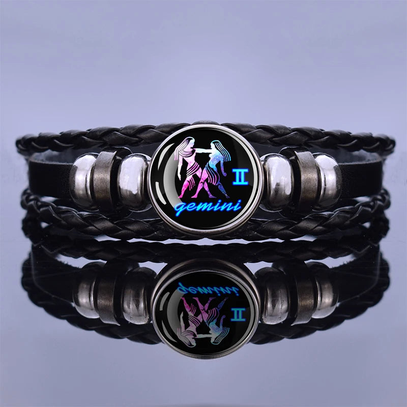 Black Braided Zodiac Bracelet for Men - 12 Constellation Leather Birthday Gift