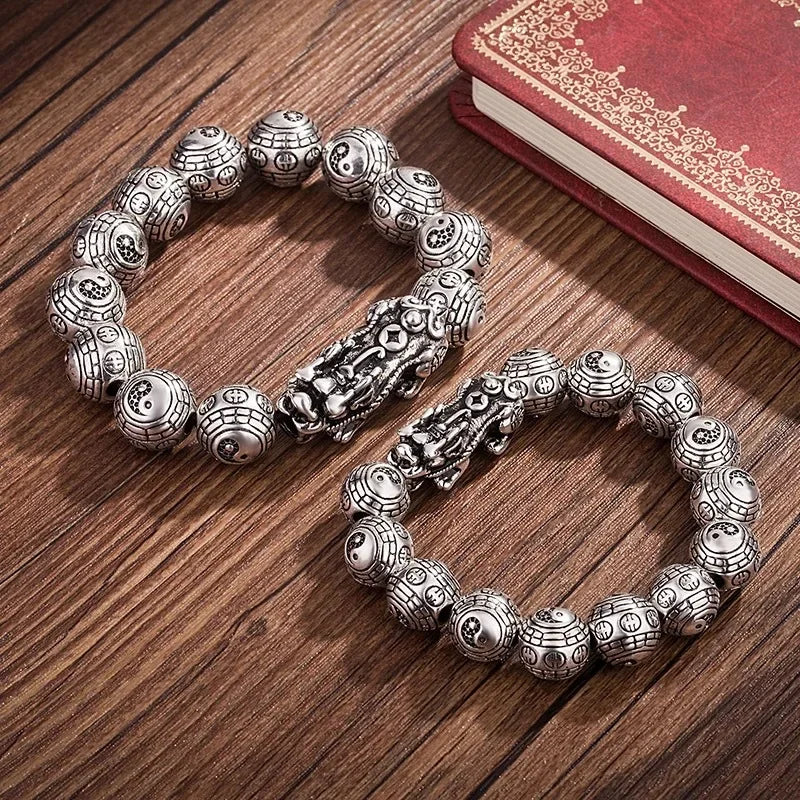 Feng Shui Taiji Bagua Pixiu Bracelet - Thai Silver Beads Wristband for Wealth & Good Luck