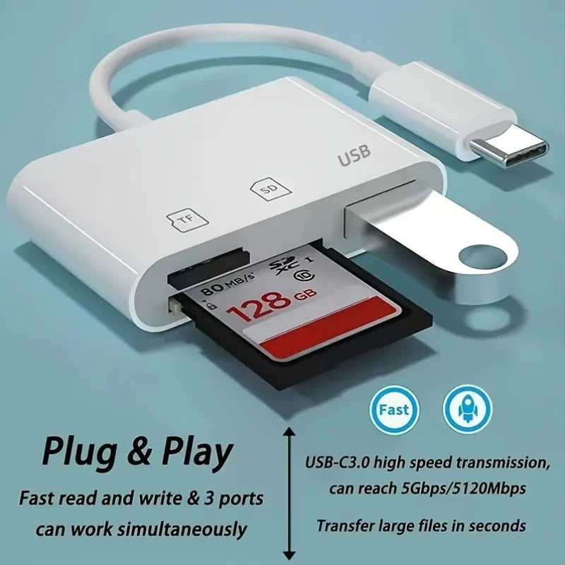 3-in-1 USB-C Card Reader - Type-C SD/TF/CF Memory Card Adapter for MacBook & Huawei