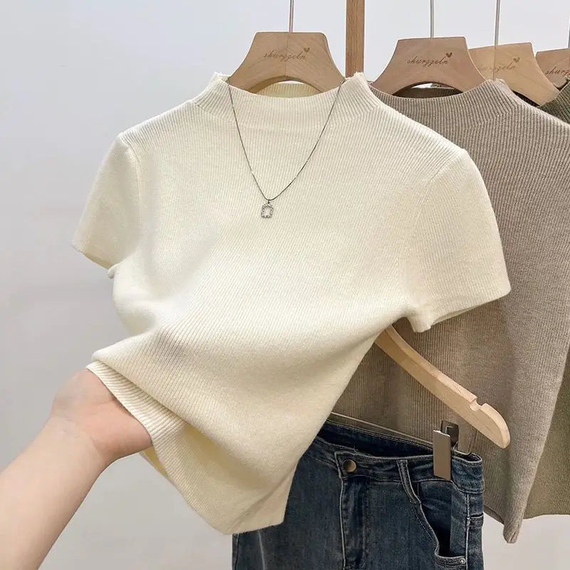 Turtleneck Pullover Sweater – Women's Knitted Short Sleeve