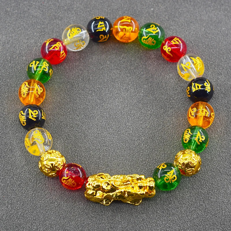 Pixiu Bracelet Feng Shui Wealth and Good Luck Bracelet Homme Wristband Gold Color Obisidian Stone Beads Black Six Character Gift