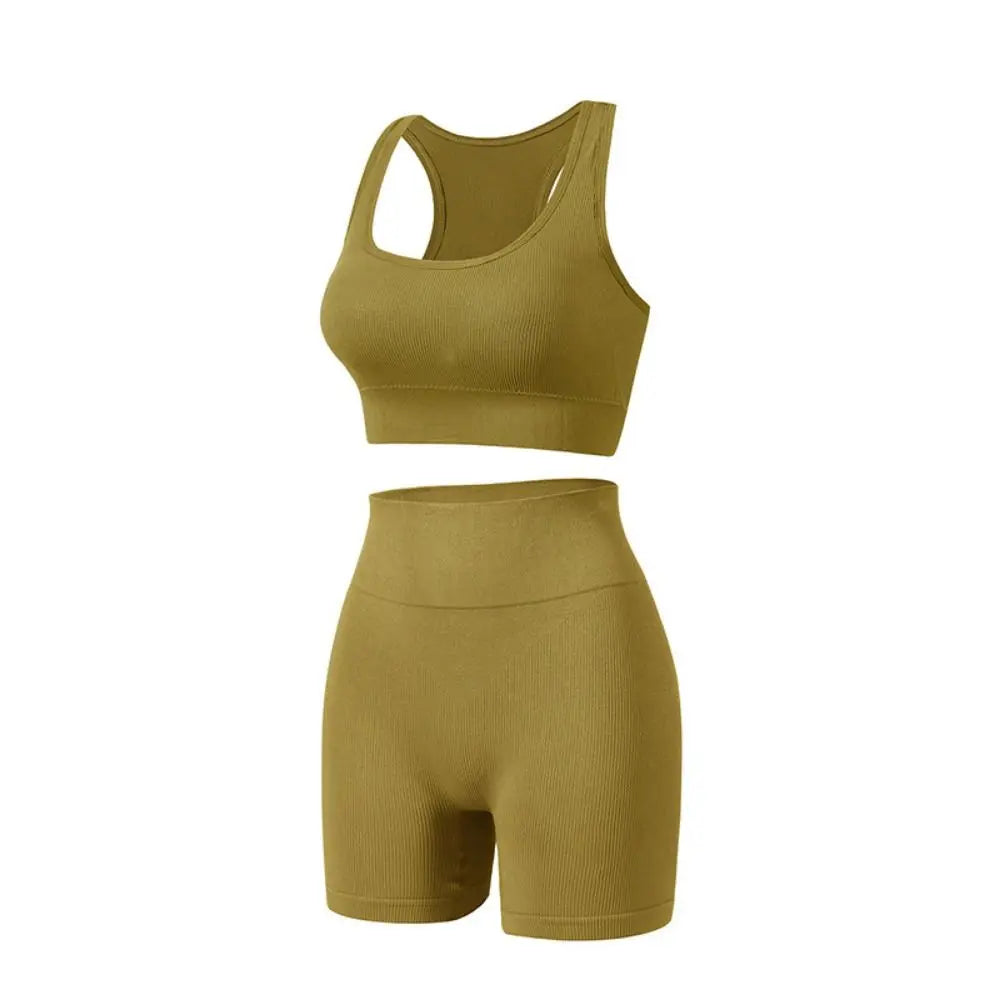 2 Pieces Seamless Workout Outfits High Waist Short Sport Bra Crop Matching Active Set Sleeveless Round Neck Tracksuit Exercise