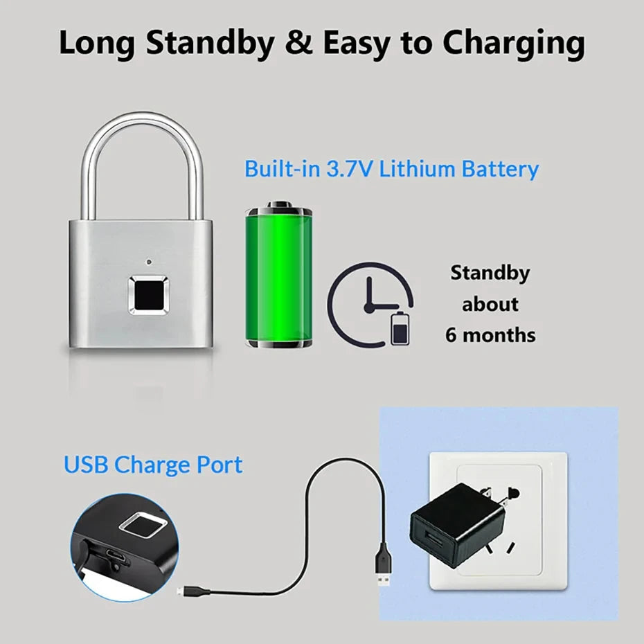 Smart Fingerprint Padlock - USB Rechargeable Keyless Lock