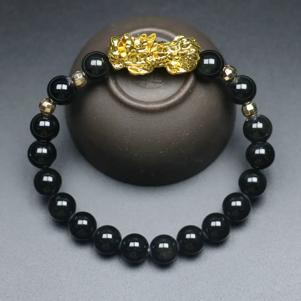 Feng Shui Wealth Pixiu Bracelet Men Women Black Obsidian Beads Chakra Meditation Yoga Bracelet Change Color Pi Xiu Jewelry Gift