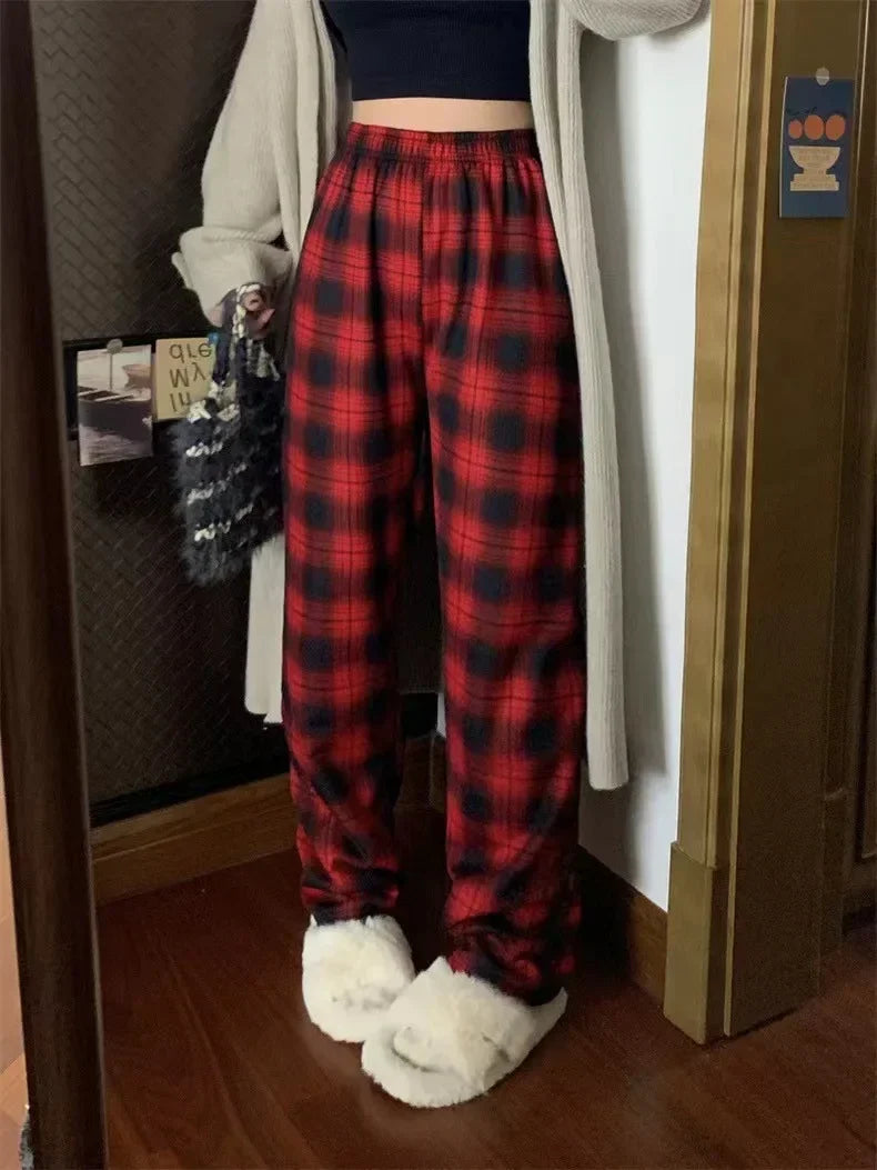 Warm Plush Plaid Pants – Women Winter Wide-Leg Casual