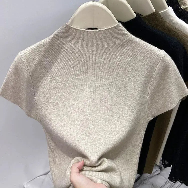Turtleneck Pullover Sweater – Women's Knitted Short Sleeve