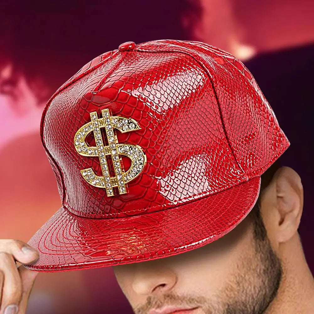 Gold Dollar Sign Hip-Hop Cap - Crocodile Texture Flat Brim Hat for Break Dance & Street Style