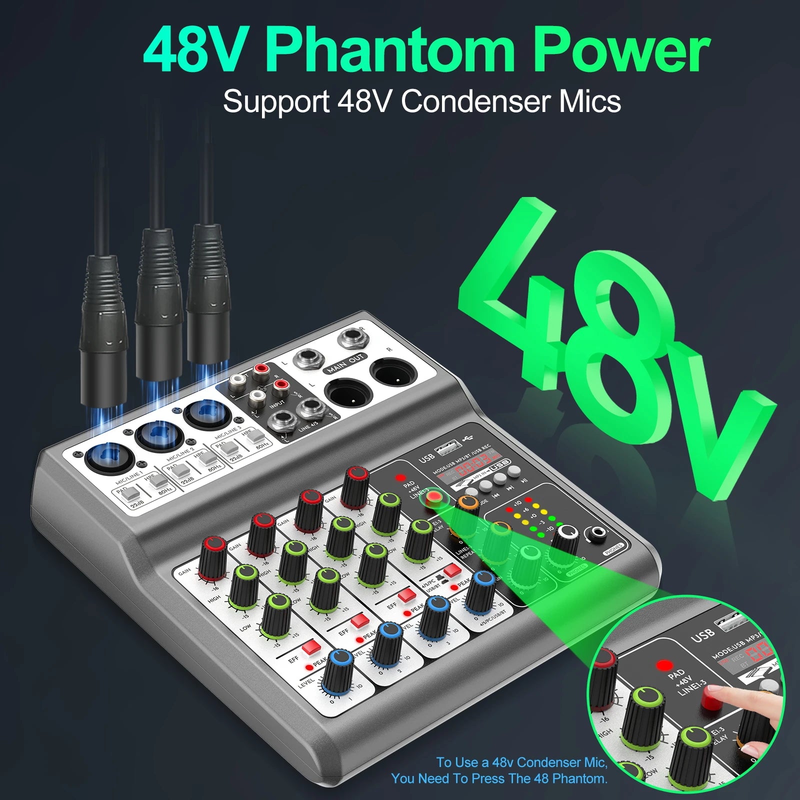 5-Channel Audio Mixer - Professional Sound Board with USB, Bluetooth, Echo & 48V Phantom Power