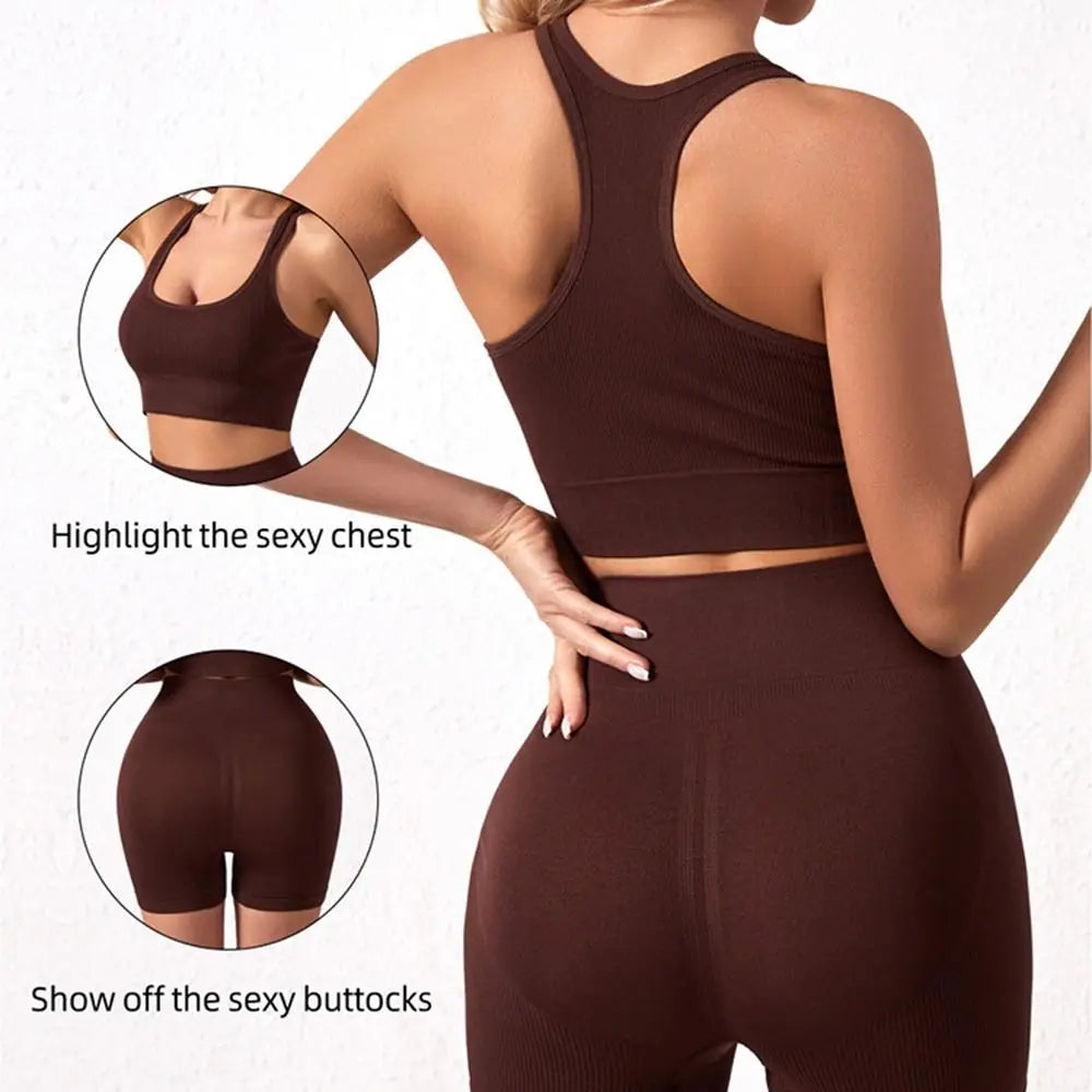 2 Pieces Seamless Workout Outfits High Waist Short Sport Bra Crop Matching Active Set Sleeveless Round Neck Tracksuit Exercise
