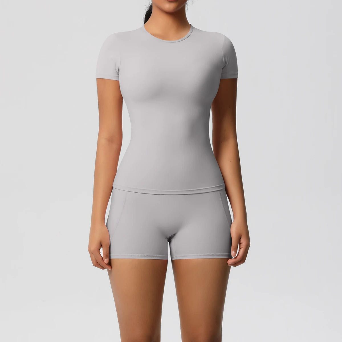Women's 2-Piece Workout Set - Push-Up Shirt & High Waist Shorts for Yoga & Fitness