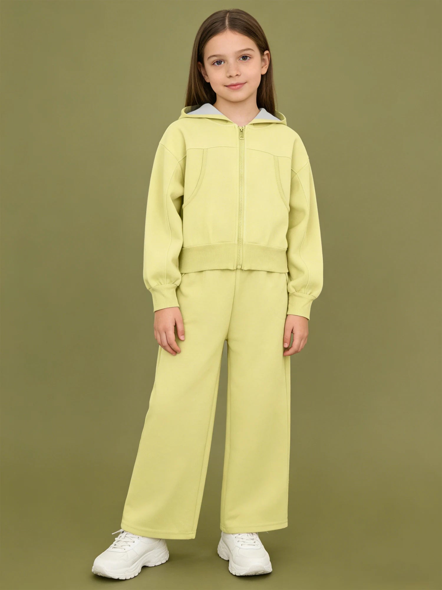 Girls Athletic Tracksuit Set - Hooded Jacket & Wide-Leg Pants for Sports & Active Wear (Ages 5-13)