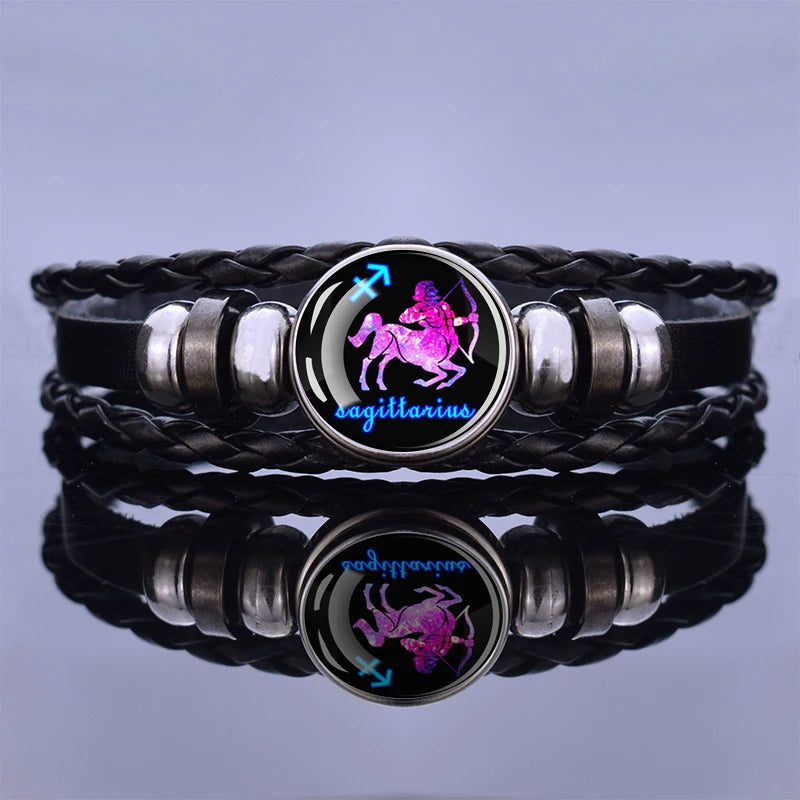 Black Braided Zodiac Bracelet for Men - 12 Constellation Leather Birthday Gift