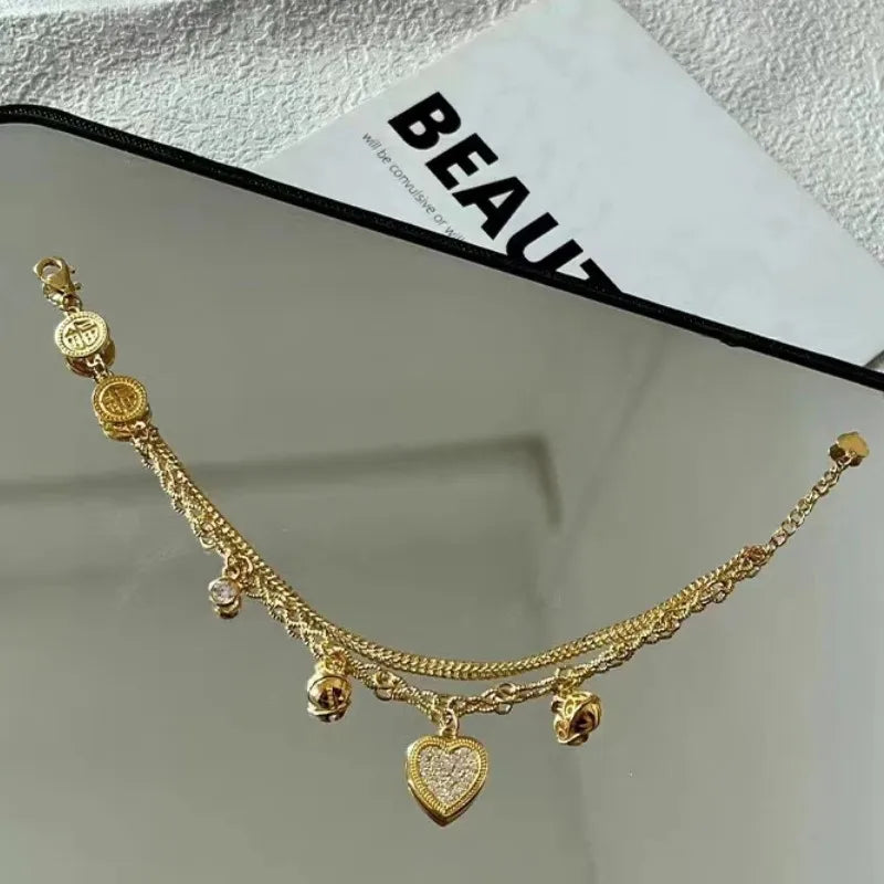 Gold Love Heart Zircon Bracelet - Double Layer Valentine's Day Jewelry