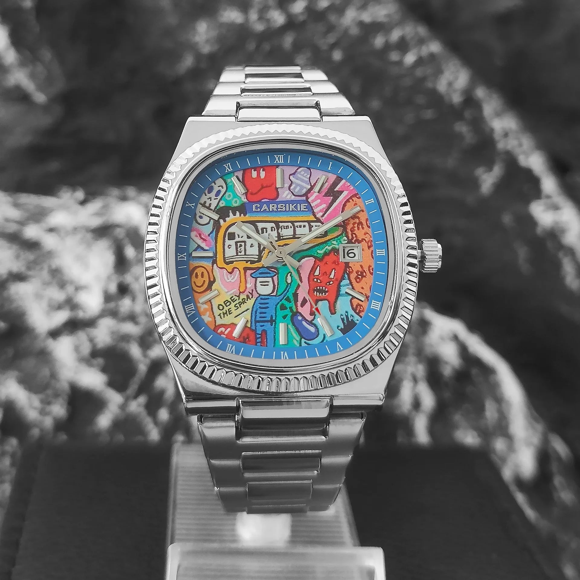 Cartoon Oil Painting Quartz Men's Watch – Casual Steel Strap Personalized Business Timepiece