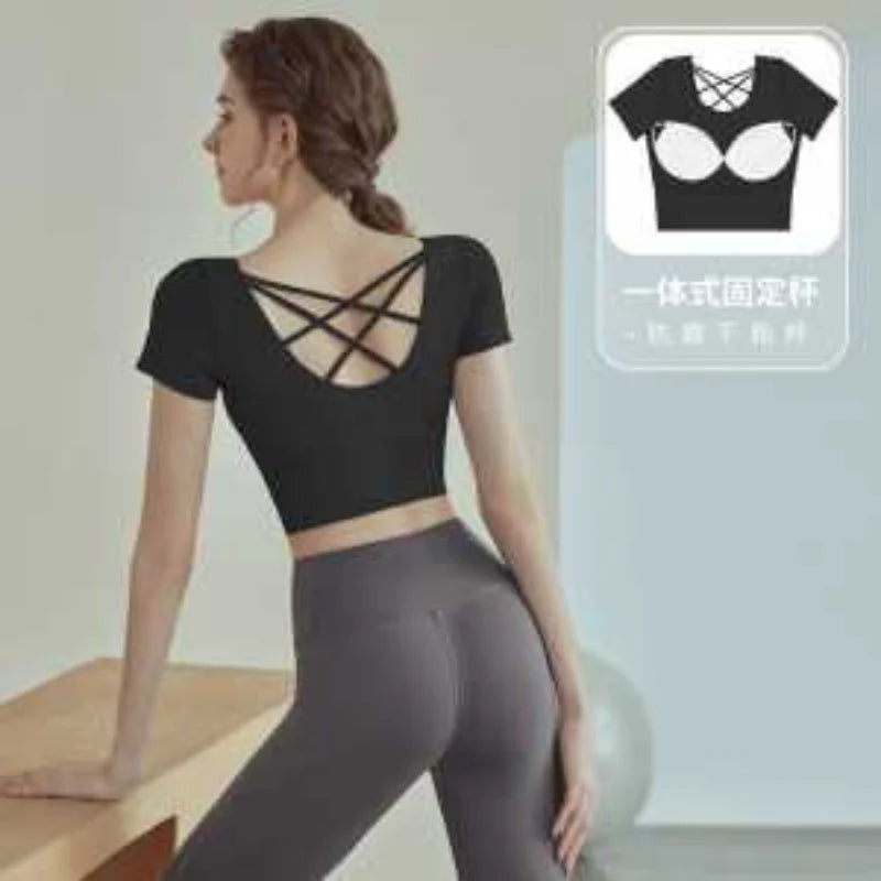 Women's Yoga Top with Built-In Chest Pads - Short Sleeve Workout Shirt