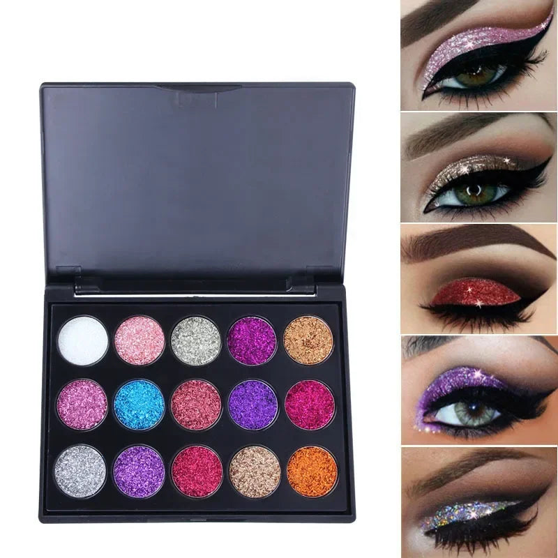 CmaaDu 15-Color Diamond Glitter Eyeshadow Palette - Metallic Shimmer Eye Makeup
