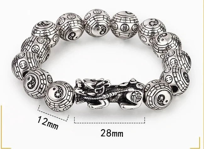 Feng Shui Taiji Bagua Pixiu Bracelet - Thai Silver Beads Wristband for Wealth & Good Luck
