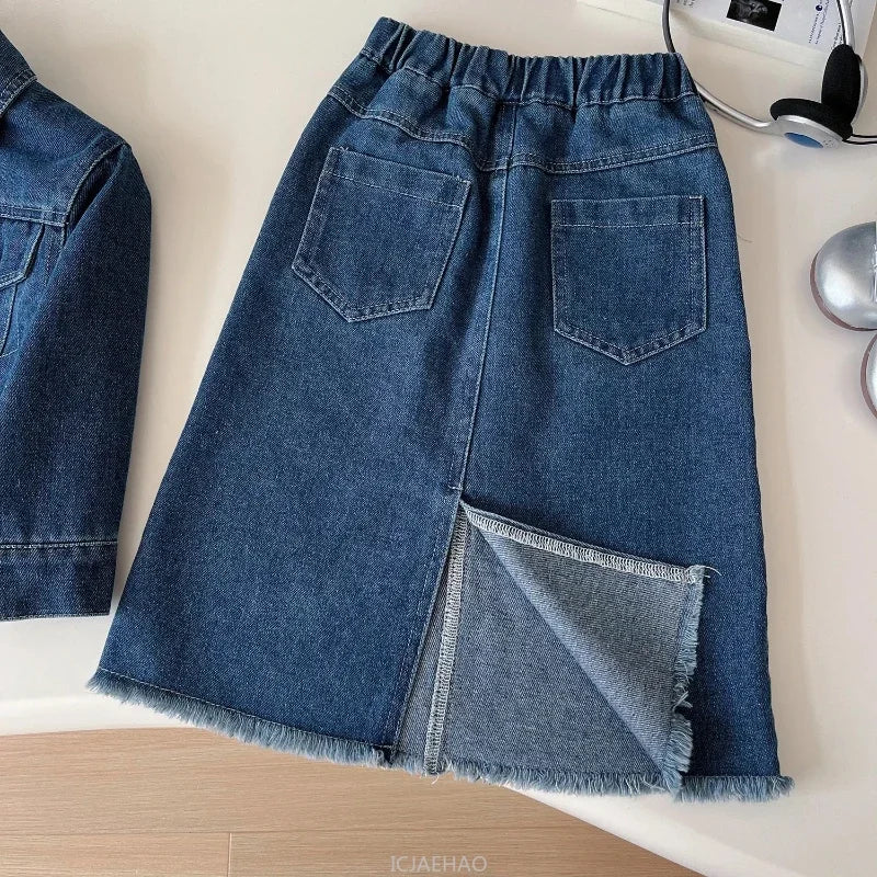 Girls Denim Jacket & Long Skirt Set - 2-Piece Fall Outfit (Ages 7-13)