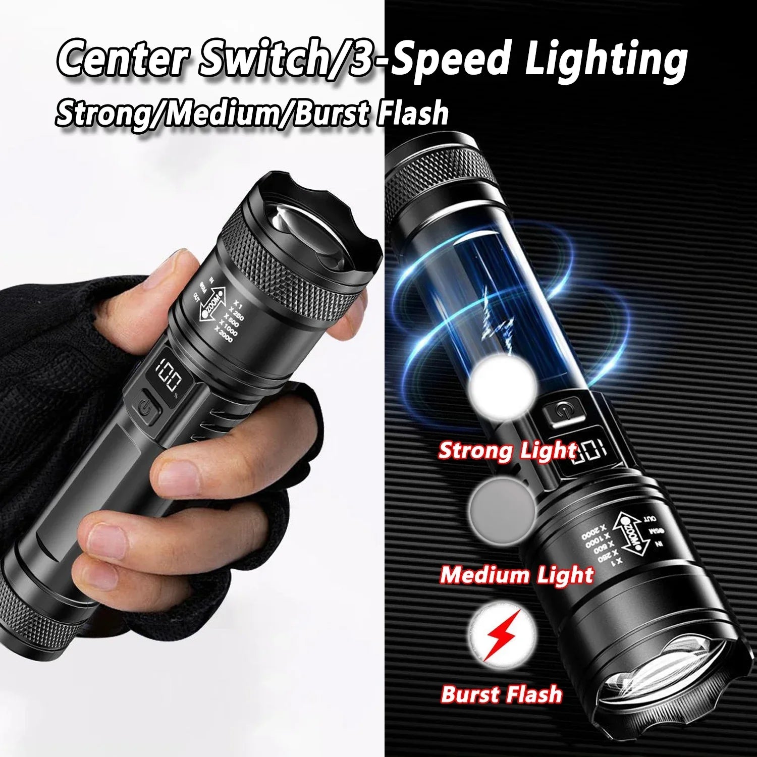 P50 Ultra Bright LED Flashlight - 2000 Lumens Tactical Rechargeable Torch with Zoom